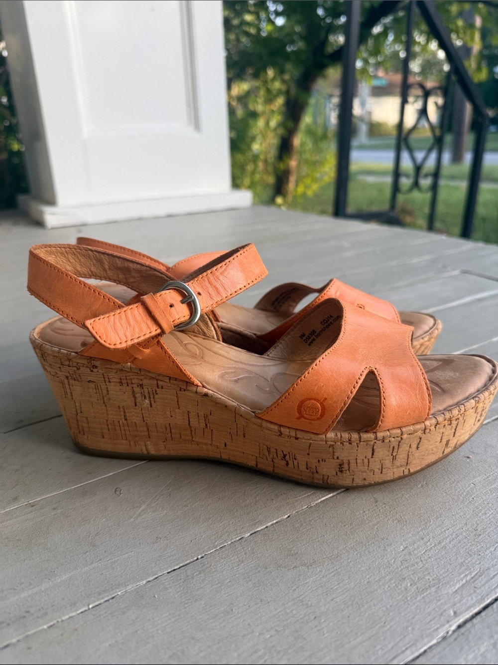 100% Leather Upper EUC Born Orange Leather Cork Wedge Sandals
